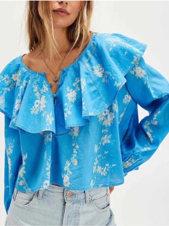 Free People Tops - Free People Sky Blue Floral Ruffle Peasant Top
